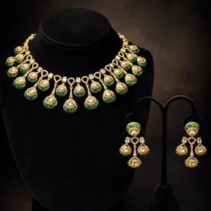 22K Micro Gold Plated 2-Piece Premium Green Statement Necklace Set | Doublet Jewelry | CZ Stones | Screw Back #010
