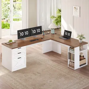 SEDETA 67 Inch Farmhouse L Shaped Executive Computer Desk with 3 Drawers Storage Shelves Power Outlets