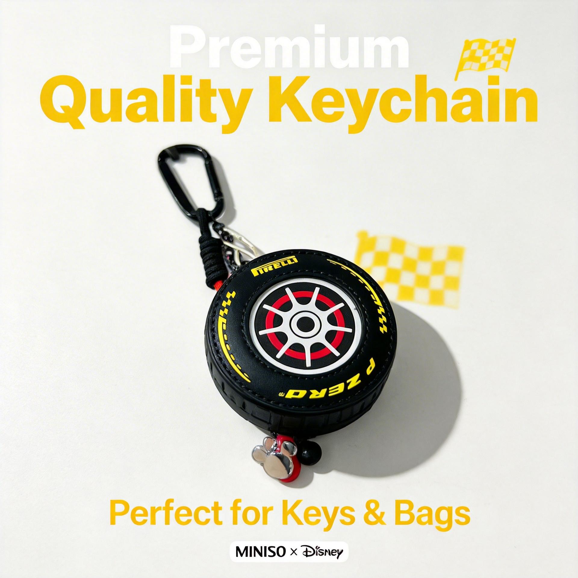 MINISO x Disney Mickey F1 Racing Collection Tire-Shaped Coin & Earphone Pouch Bag Charm | Premium Stylish Accessory, KeychainPendant, CuteAccessories