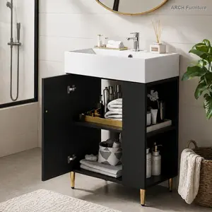 21.6" Width Modern Compact Black Bathroom Vanity with Textured Face, Single Rectangular Ceramic Sink, Right-Side Storage, MDF Base, Metal Legs, Bathroom Cabinet Organizer Floor Combo