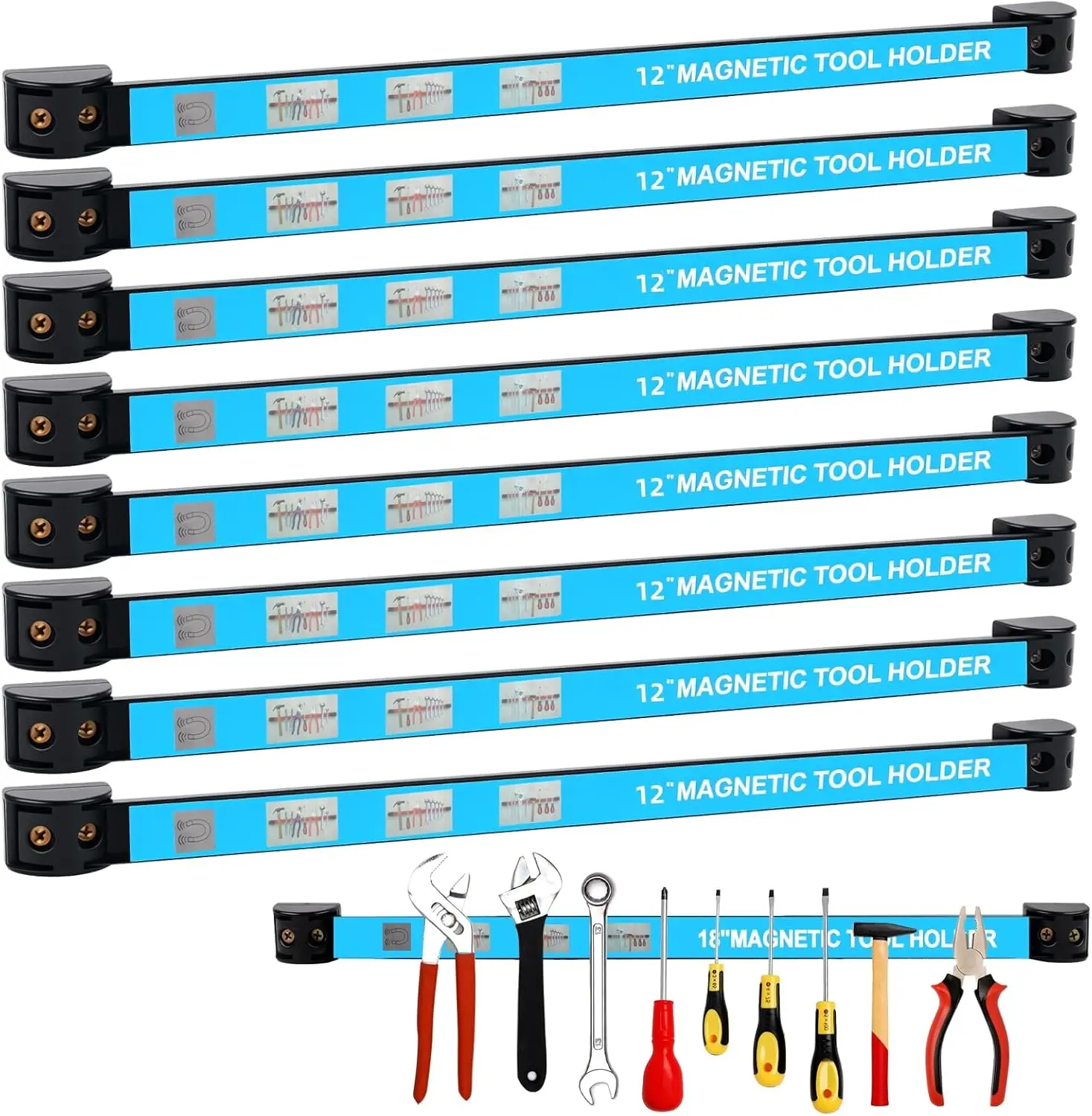 8PCS 12''Magnetic Tool Holder Strip,Metal Tool Magnet Bar for Garage Organization Heavy Duty Metal Tool Organizer Rack, Space Saving, For Workshop, Garage, Home (12inch)