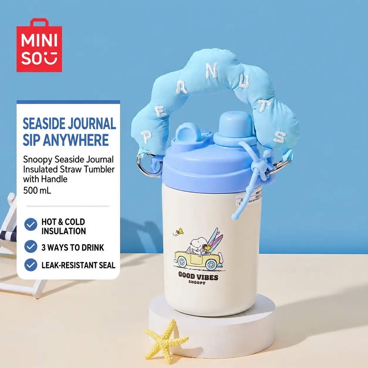 Snoopy Coastal Diary Insulated Tumbler - 500ml Reusable Water Bottle with Straw, Portable Handle, Hot-Cold Retention, Ideal for Daily Commutes, Outdoor Trips (Black Friday)