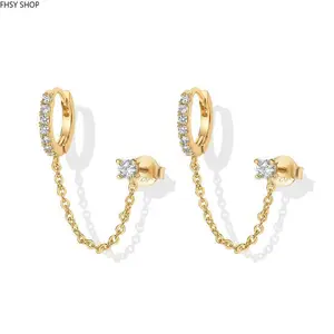 FHSY SHOP 14K Gold Plated Chain Link Double Piercing Earrings CZ Huggie Hoop & Stud Combo for Women, Everyday Wear, and Edgy Minimalist Style
