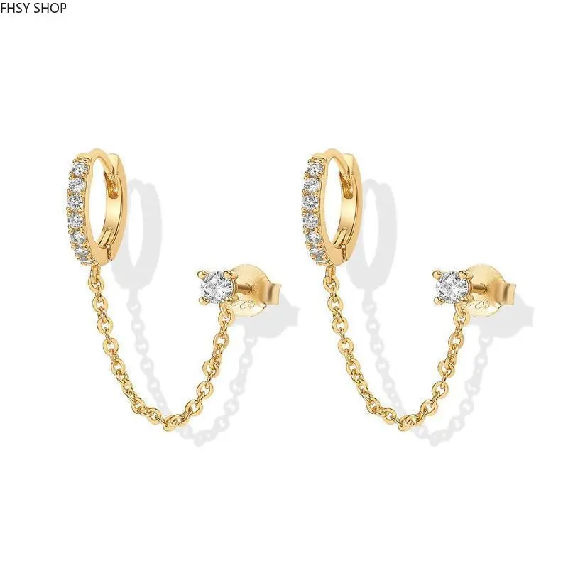 FHSY SHOP 14K Gold Plated Chain Link Double Piercing Earrings CZ Huggie Hoop & Stud Combo for Women, Everyday Wear, and Edgy Minimalist Style