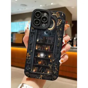 Perforated, straight-edged magic bookshelf moon pattern painted shockproof phone case, compatible with iPhone 11/12/13/14/15/16/17/X/XS/XS Max/16E/12/13MINI. It's the perfect holiday gift for friends, family, and yourself.