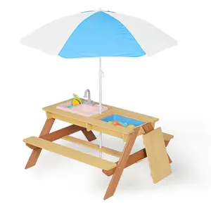 Children's wooden picnic table, sand and water table with sunshade, children's play kitchen, wooden mud kitchen, outdoor patio play table