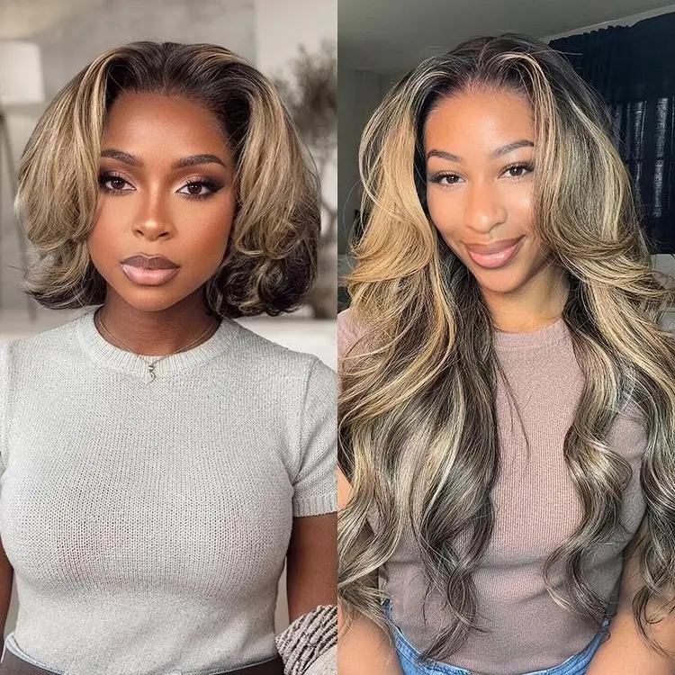 Arabella P2/27/1B/613# With 2# Dark Roots Honey Blonde & Platinum Blonde Highlighted Balayage 13x6 Glueless Wig Loose Body Wave 100% Human Hair Pre-Cut Beginner Friendly Lace Frontal Wig
