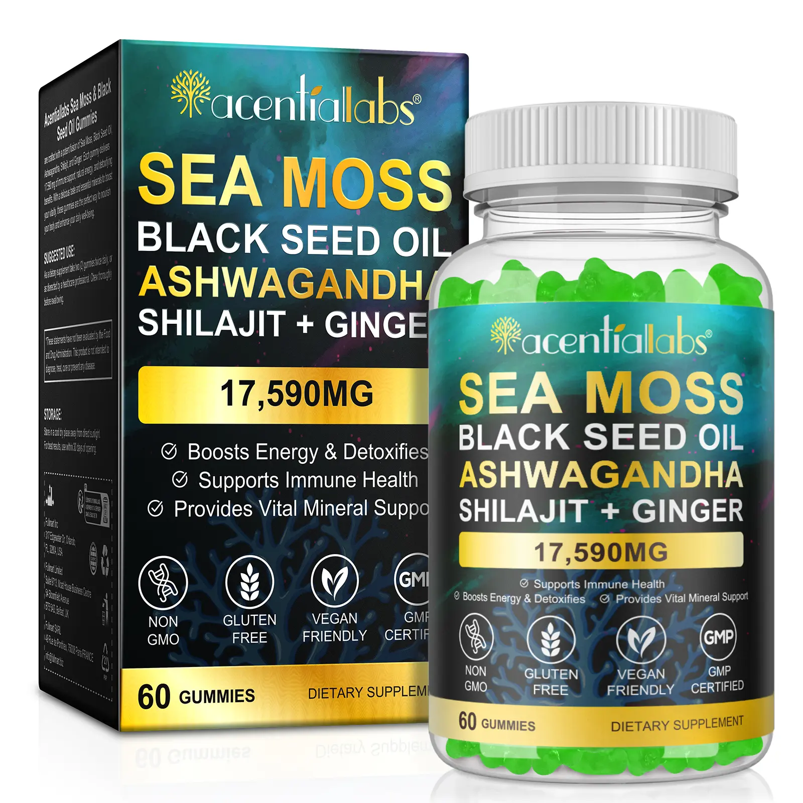 Acentialabs Sea Moss Gummies with Bladderwrack, Ashwagandha & Burdock Root Vegan Dietary Supplement, 3000mg Sea Moss, 2000mg Bladderwrack, 800mg Ashwagandha, 400mg Burdock Root, Energy & Immune Support, 60 Count