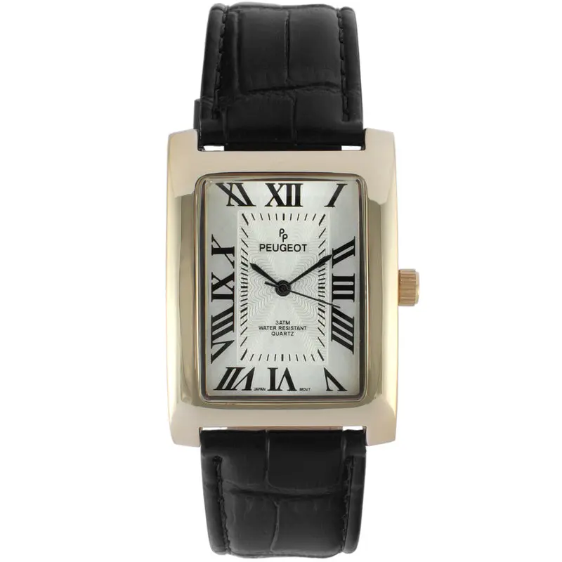 Peugeot Men's 43x30 mm Black Vintage Tank Leather Strap Watch