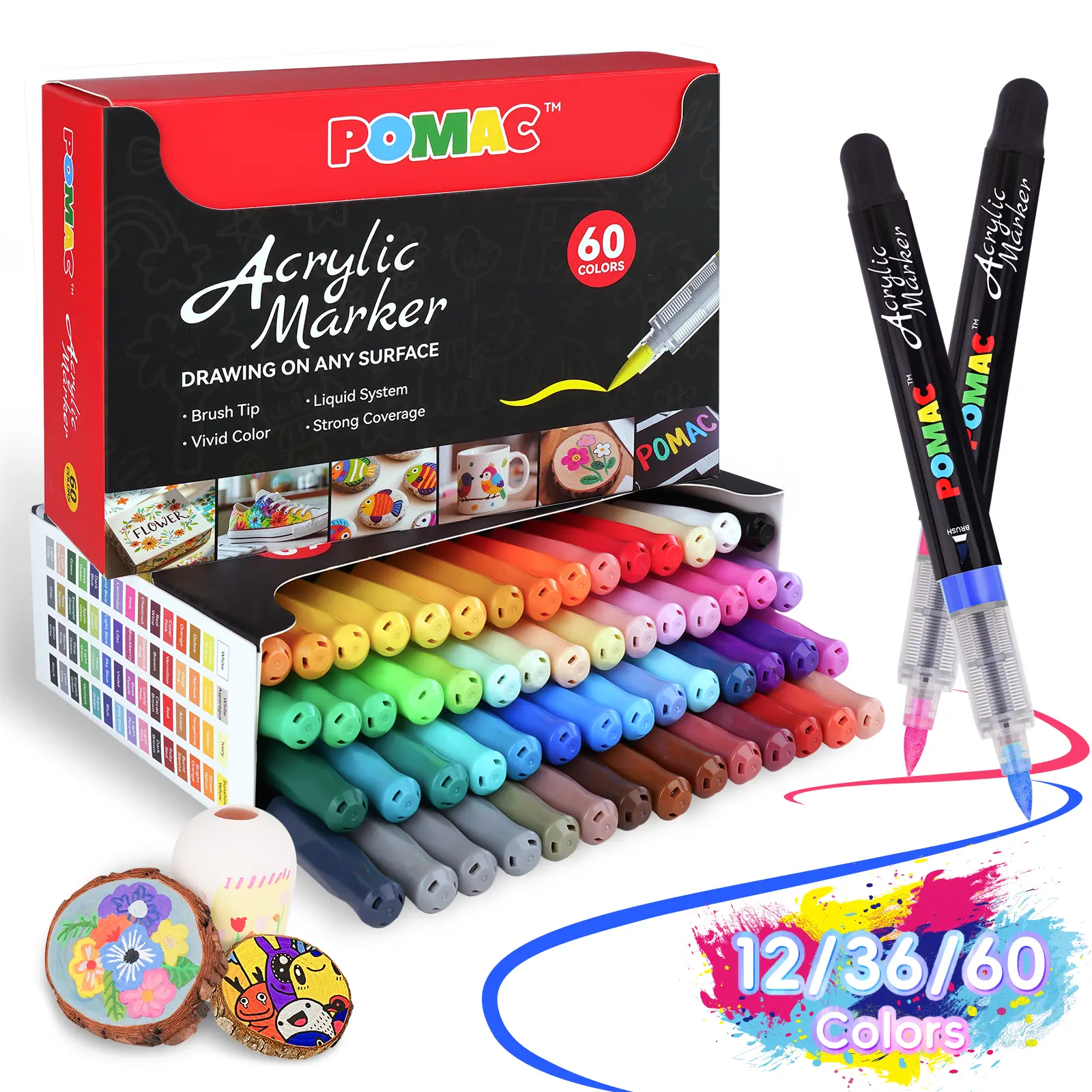 POMAC Brush Tip Acrylic Markers Assortment Kit, Waterproof Ink, Strong Coverage Colored Drawing Pen Markers & Highlighters, Office Stationery for Artists & Back to School Painting Supplies, Brush Tip Marker