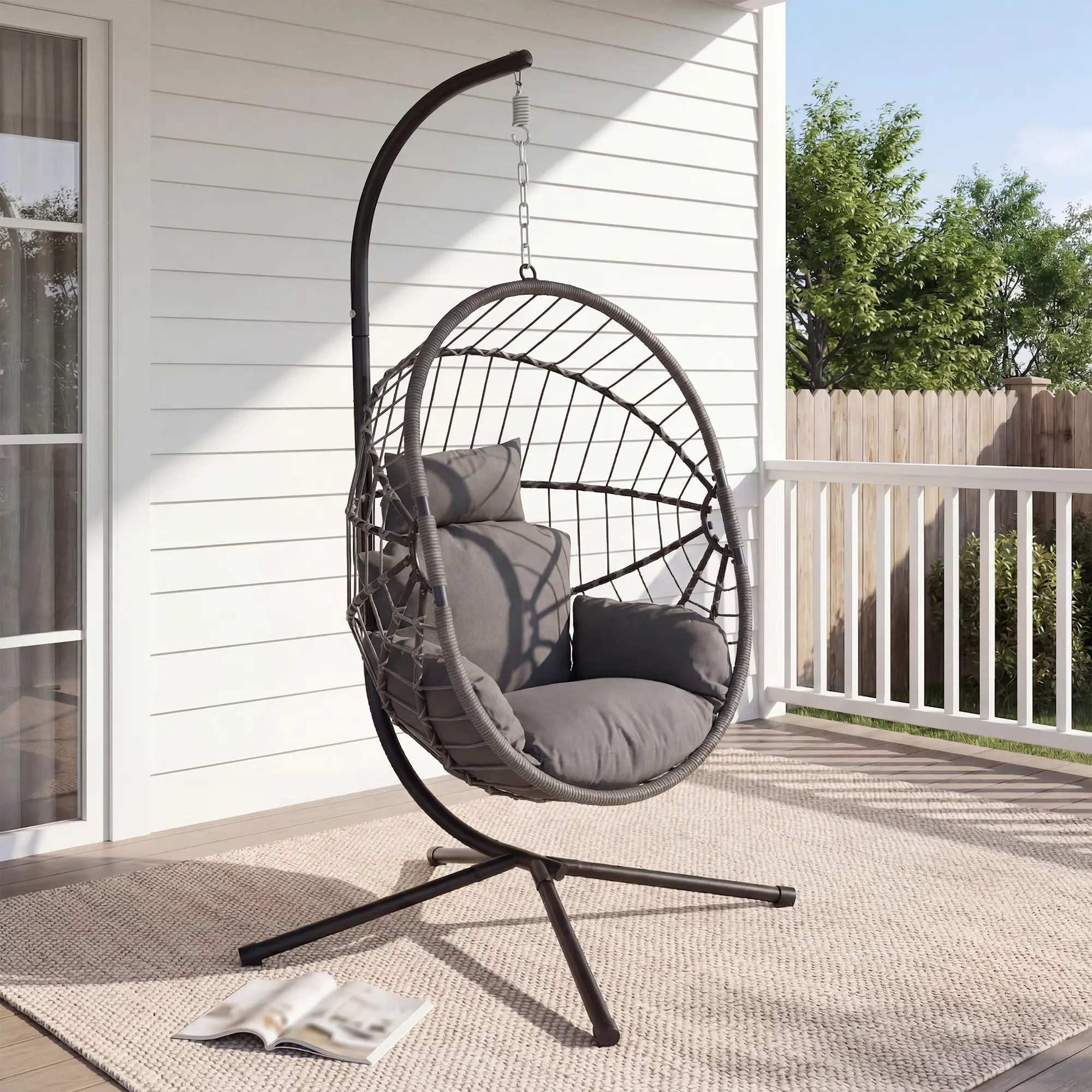 【Summergarden】Wicker Egg Hanging Chair with Stand, UV-Resistant Cushion, Ergonomic Swing Chair for Patio, Bedroom, and Garden, Indoor Outdoor Use