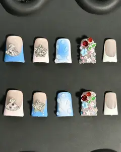 Handmade Duck Acrylic Nail Set - 10pcs with Assorted Colors, French Tips, 3D Water Drops, Bow, Rhinestones, Heart, Bubbles