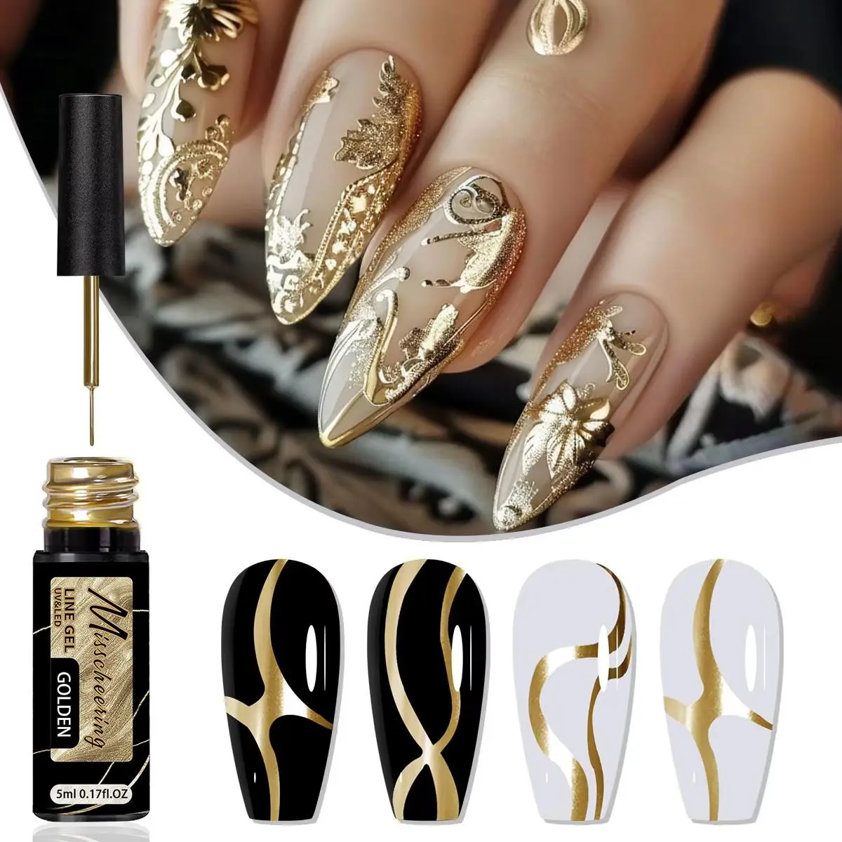 Gold Silver Metallic Liner Paint Gel Nail Polish Chrome Mirror Metal Effect Super Bright French UV LED Semi Permanent Nail Gel
