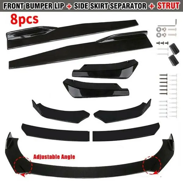 8PCS Glossy Black PP Plastic Universal Car Exterior Body Kit - Front Bumper Spoiler, Side Skirt, Rear Lip, Bumper Protection, Automotive Vehicle Accessory, Scion Car Exterior Decoration