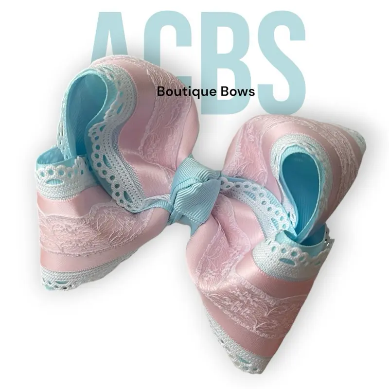 ACBS Hair Clips Pink & Blue Boutique Bow 5 Inches Handmade in USA Skinny & Wide Nylon Clips for Versatile Styling
