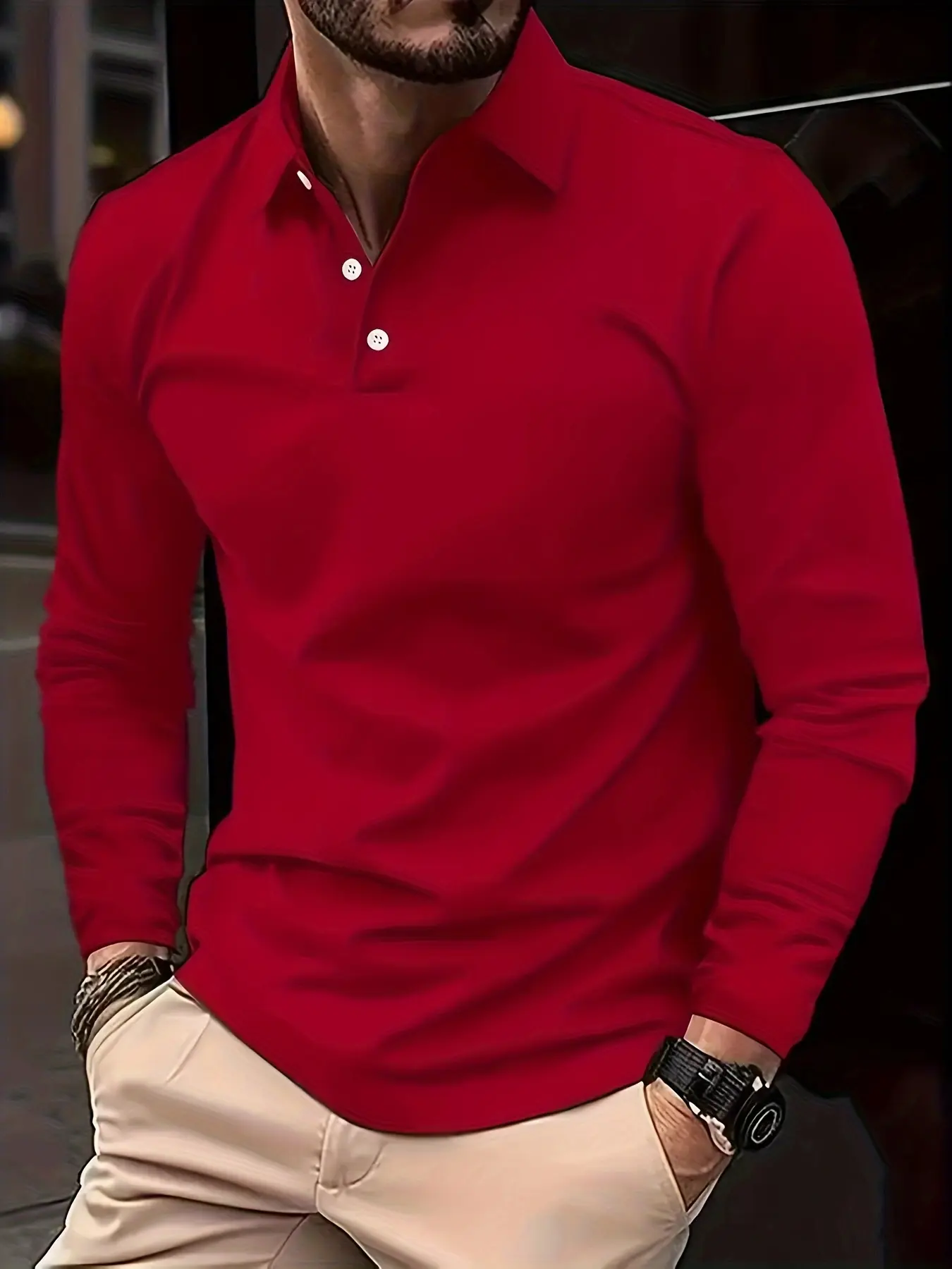 Men's POLO long sleeved button down casual men's top with collar and fashionable POLO shirt fathersdaygift