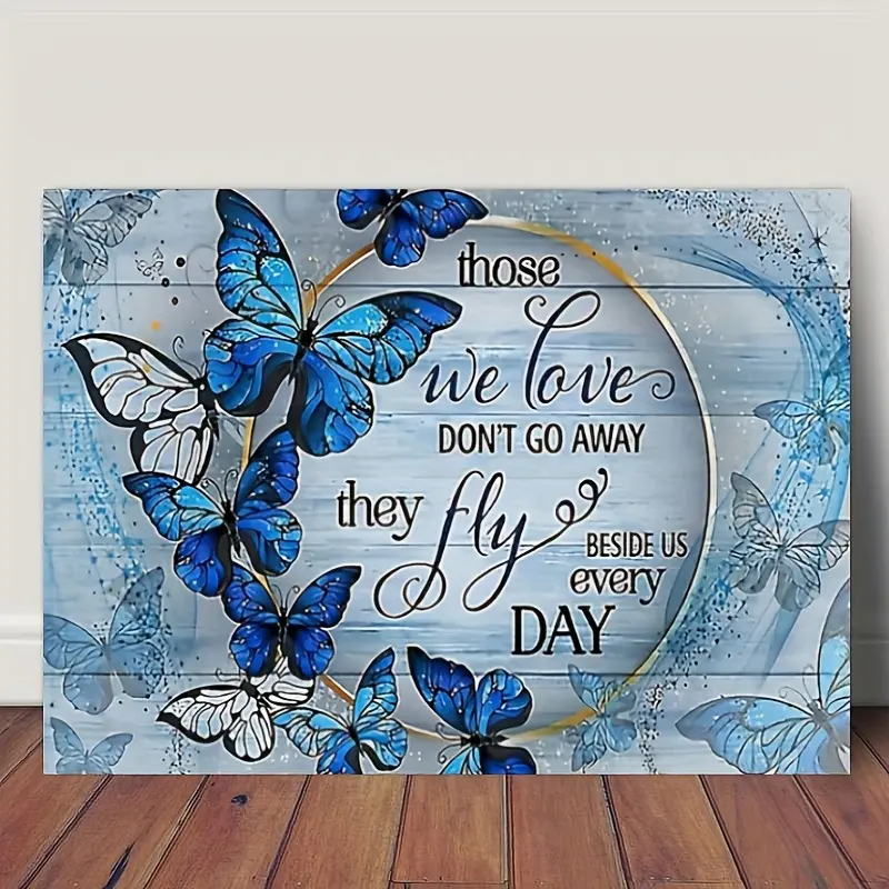 1pcs framed wooden canvas painting, Inspirational Blue Butterfly Canvas Poster Print Painting Mural Decoration Office Bathroom Living Room Decoration Inspirational Mural Decoration Framed Ready to Hang Great Gift