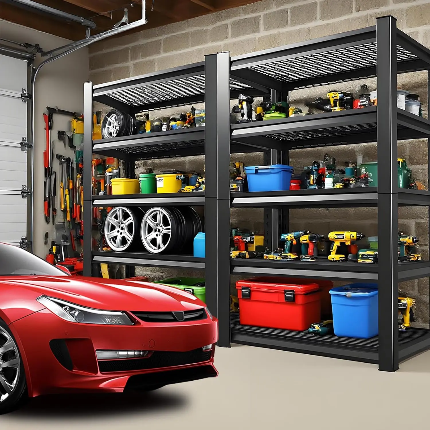 81"H Garage Shelving 5 Tier,Heavy Duty Garage Storage Shelves,Industrial Metal Shelving Unit,Adjustable Steel Utility Shelf,Use for Basement,Warehouse, Pantry Closet,Black (81.1"H*45.67"W*19.67"D)