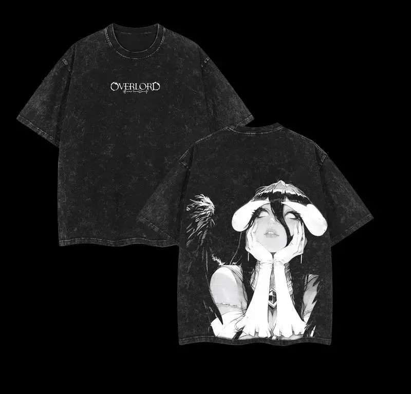 valentine shirts Albedo Overlord Anime Double Printed Vintage Washed Tee Unisex Oversize Anime Manga Washed Heavyweight Cotton T-shirt Retro Double-Sided Water Wash T-Shirt Fit Streetwear
