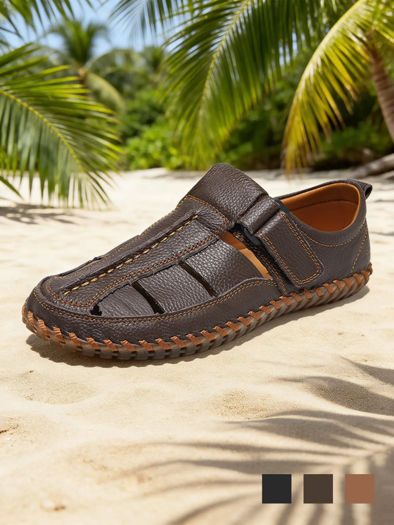 Men's Closed Toe Sandals, Genuine Leather Sandals, Cowhide Leather Whipstitch Fisherman Sandals, Soft Cushioned Lightweight Non-Slip Breathable Slip-On Gladiator Sandals, Retro Summer Casual Beach Footwear Sandals for Big Size, Summer Footwear Shoe