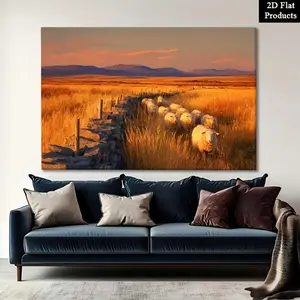 2D Flat, 2D Flat, 2D Flat Framed Canvas Painting Poster |   Sheep Return at Dusk 1, Perfect for Wall Decor Art, Room Decoration, Living Room, Winter Spring, Bathroom, Valentine'S Day Decorations and Gifts, Universal Holidays, Reusable Art Deco Style	