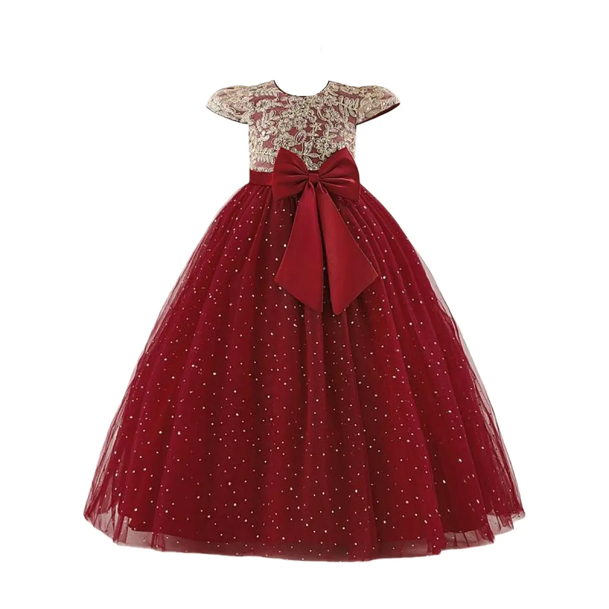 Girls' Sequin Princess A-Line Floral Embroidery Dress - Tie-Front Waist, Maroon Formal Party Gown for 8Y,10Y(9-10Y),11Y,12Y, Tie Front Dress, 9-12 Years, 9Y, Birthday Outfit, Party Wear, All Seasons, Maxi Length, Tiered Layer, 102Cm, 10Y (9-10 Years)