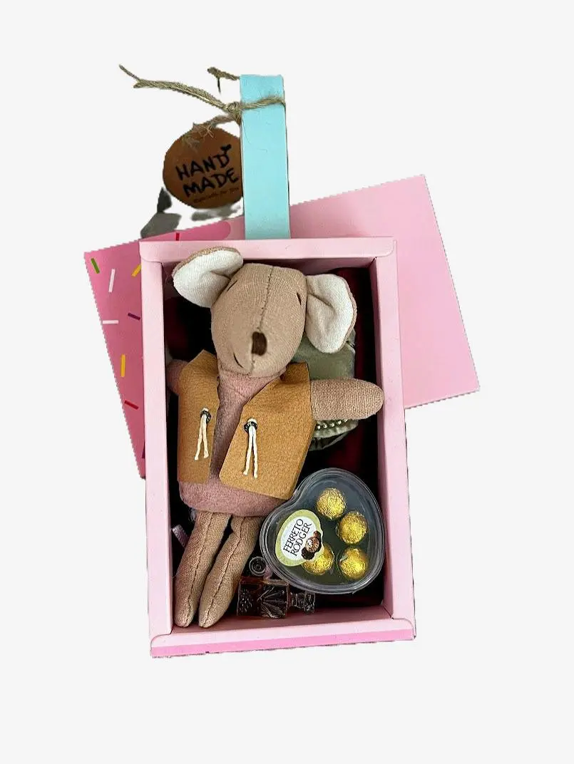 New Maileg Mouse Art Toy Collectible Figurine - Custom Mousicle Sweet Treat Box Design, Little Girl Mouse House, Custom Dress, Small Accessories, Cellphone Compatibility, Unique Elements, Choking Hazard Small Parts Warning