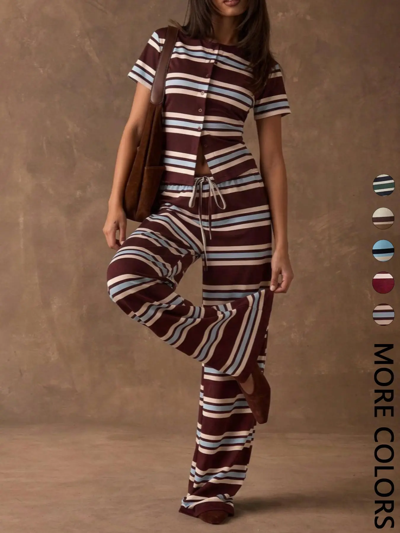Women's Contrast Striped Knit Co-ord Set, Crew Neck Short Sleeve Button Front Top, Elastic Drawstring Adjustable Waist Wide Leg Pants, Soft Stretchy Drapey Fabric, Casual Daily, Everyday, Loungewear & Commute Wear, Vintage Relaxed Casual Style & 2 Piece