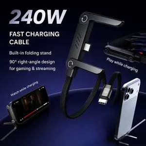invisible holder Charger Cable with Stand, 240w super fast charging 2-in-1 Fast Charging Cord & Phone Stand for Gaming, Car Travel, Compatible with iPhone Samsung Type-C, lightning charging cord cable mo Black  factory base spin long  charger flat vers