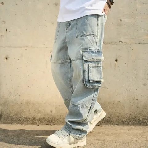 New Stylish Loose Men Multiple pockets Cargo Jeans Trousers Streetwear Male Solid color Straight Carpenter Denim Pants