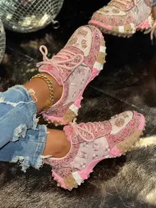 Women's Fashion Casual Shoes, Breathable Mesh Letter Embroidered Rhinestone Sneakers, New Spring Trendy Old School Dad Shoes