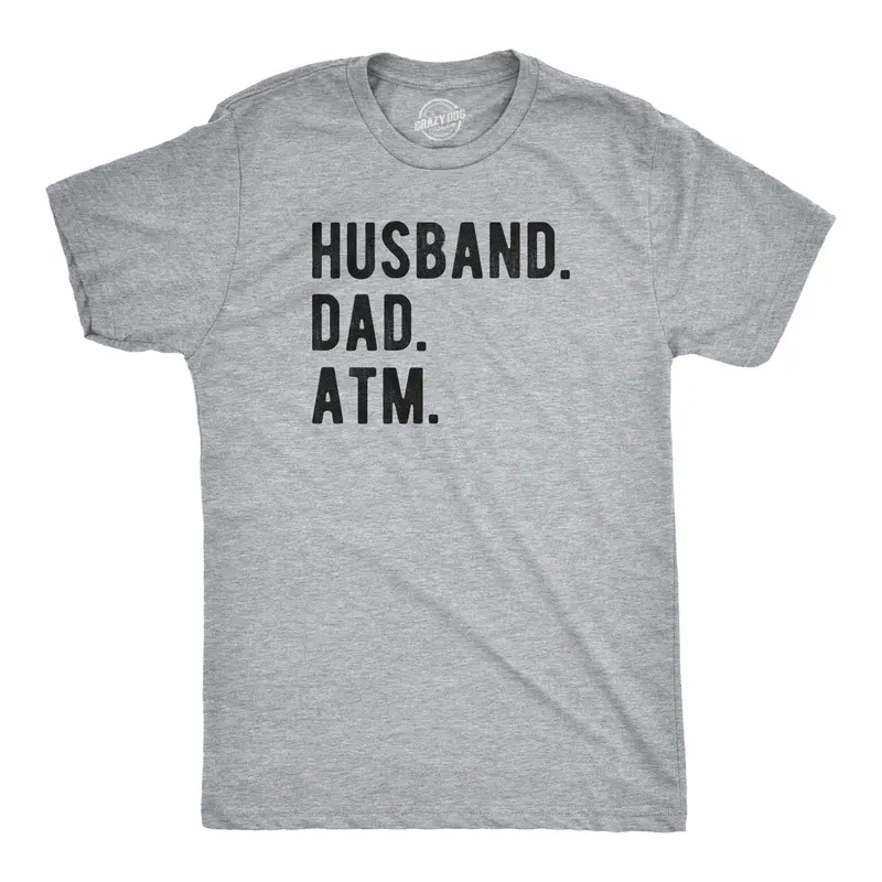 Mens Husband. Dad. ATM. T Shirt Funny Father's Day Tee Mens Funny T Shirts Cool Vintage Graphic Tees Dad Joke Shirts for Men Novelty Tees for Guys Light Grey