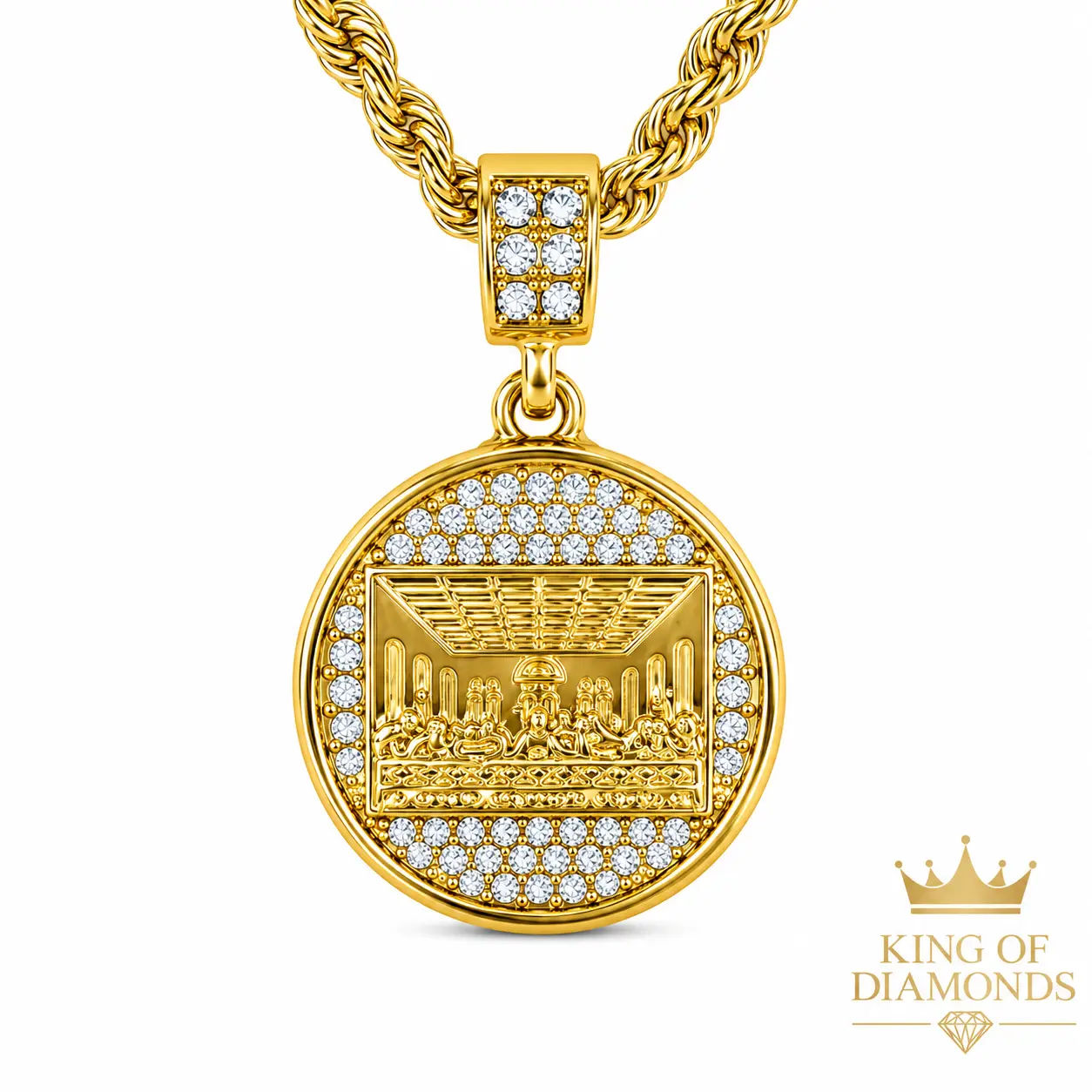 Gold Plated Last Supper Single Pendant Necklace with Rhinestones, 24-in Hip Hop Rope Chain, Plated Alloy Costume Jewelry, Complements Wide Range of Outfits for Casual Wear
