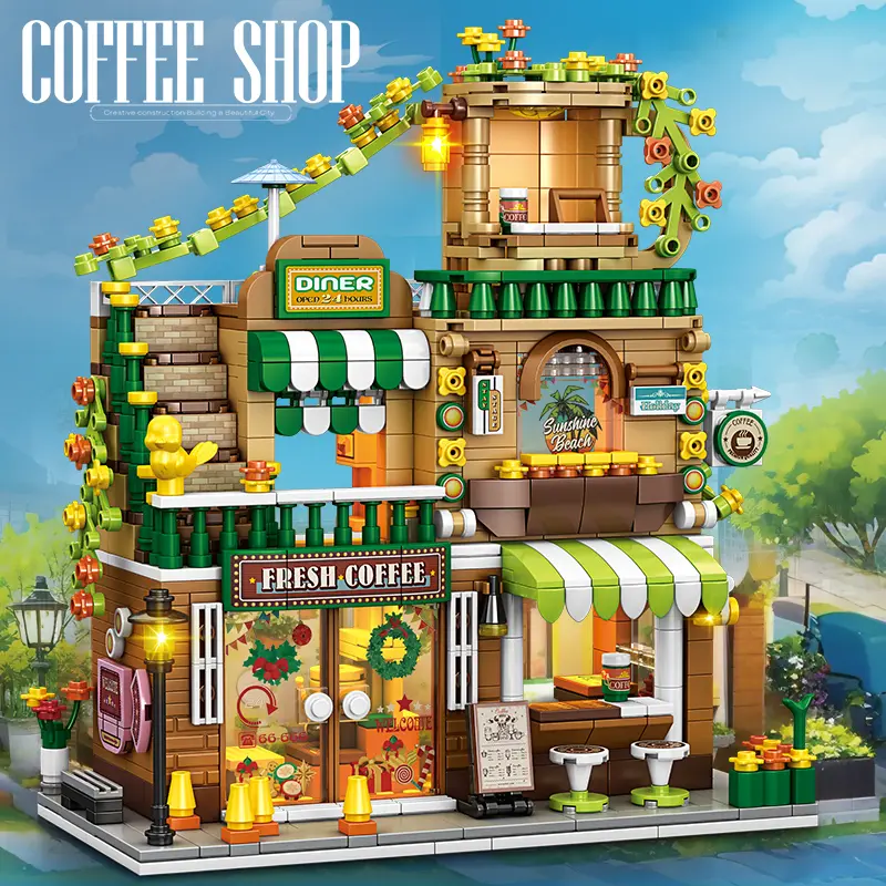 828pcs Coffee Shop Street Scene Building Blocks Model, House Building Kit, Creative DIY Assembly Toy, Home Desktop Decoration, Bricker Build Sets, Assembly Blocks Set, Perfect for Halloween Christmas Birthday Gifts