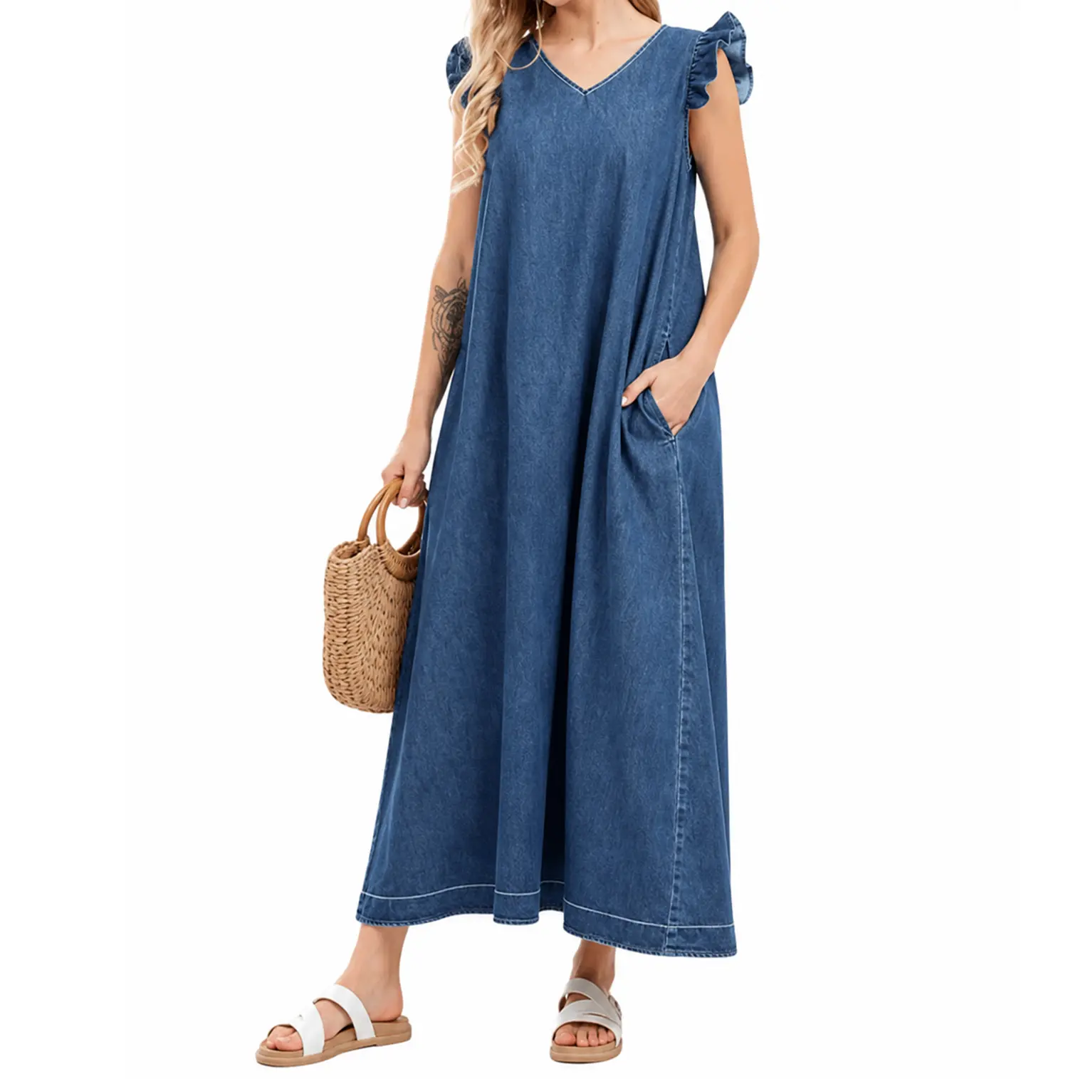 UTCOCO Women's Summer V Neck Long Denim Dress Casual Loose Ruffle Sleeveless Dress Minimalist V neck Womenswear sundress, Basic, Casual Wear, Casual Boho Bohemian, Women's Clothes