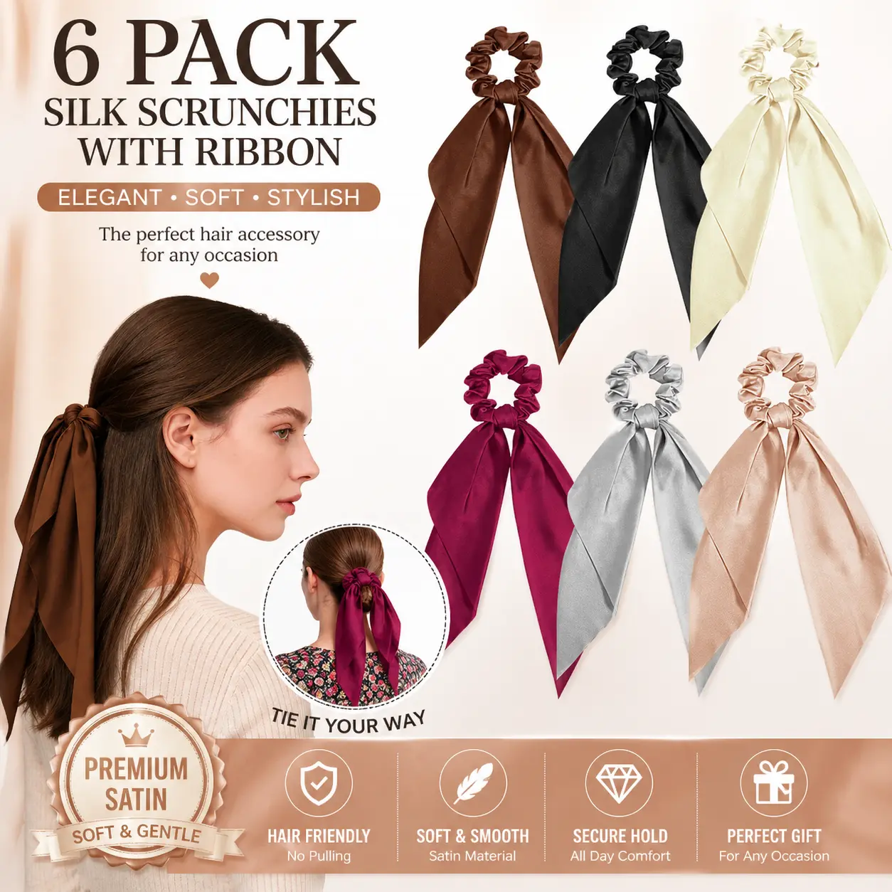 6 Pack Silk Bow Scrunchies, Cute Satin Hair Ties with Knotted Bows, Soft Non-Damaging Elastic Hair Bands for Women Girls, Elegant Hair Ribbons for Daily Use Gift#SummerVibes Tieable Bow Headbands Hair Accessory