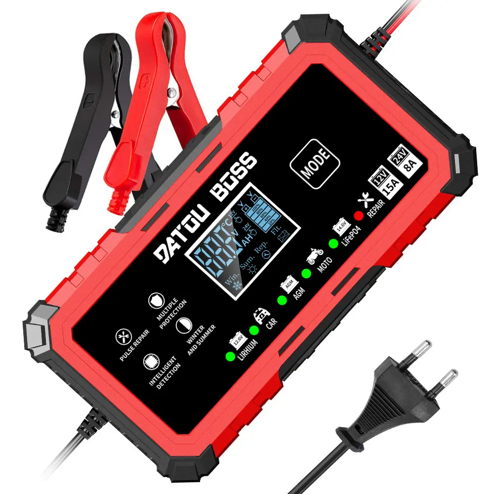 DATOUBOSS Smart Car Battery Charger for Maintenance, Dual Voltage Options (12V 15A-24V 8A), Trickle Charge, Pulse Repair, 8 Safety Protections, LED Display, Compatible with Car, Motorcycle Batteries (AGM, Lithium Ion, LiFePO4)