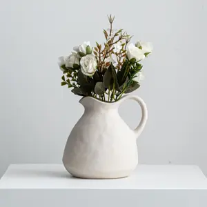 Country Style Ceramic Water Jug Vase, Handled Design Flower Pot, Living Room Decor, Rustic Home Decoration, Farmhouse Style, Table Decor