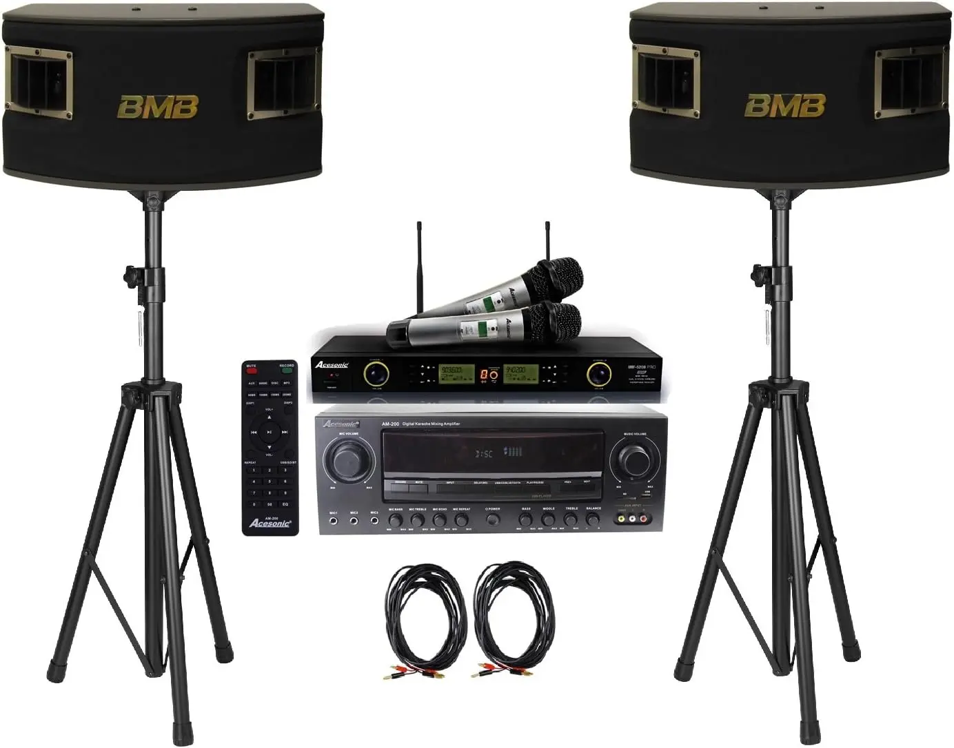 TER CSV-450 500W Speakers Bundle With Acesonic AM-200 Bluetooth Karaoke Amplifier, UHF-5200 PRO Microphone System, and Speaker Stands (Pair)