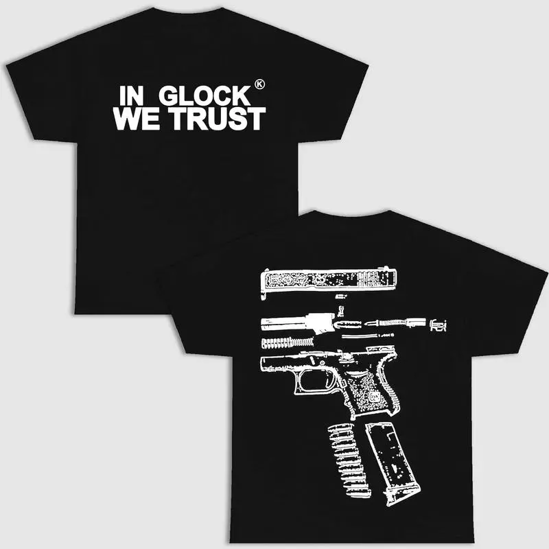 IN GLOCK WE TRUST 2 side T-shirt, Menswear Top , GIft For Men,Full color,Design Black- White, T-shirt For Men