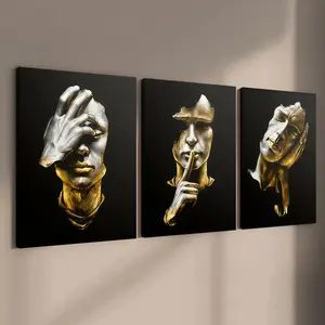 3-count wooden frame canvas, posters that don't listen, look or speak, light luxury abstract figure decoration, Abstract Face Design, fashionable family posters, modern living room decoration, suitable for corridor and bedroom walls, waterproof art