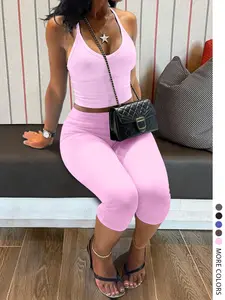 LW HOME Women's Casual Solid Sleeveless Tank Top and Five-Quarter Pants Set, Perfect for Summer, Ideal for Home Wear, Comfortable and Stylish