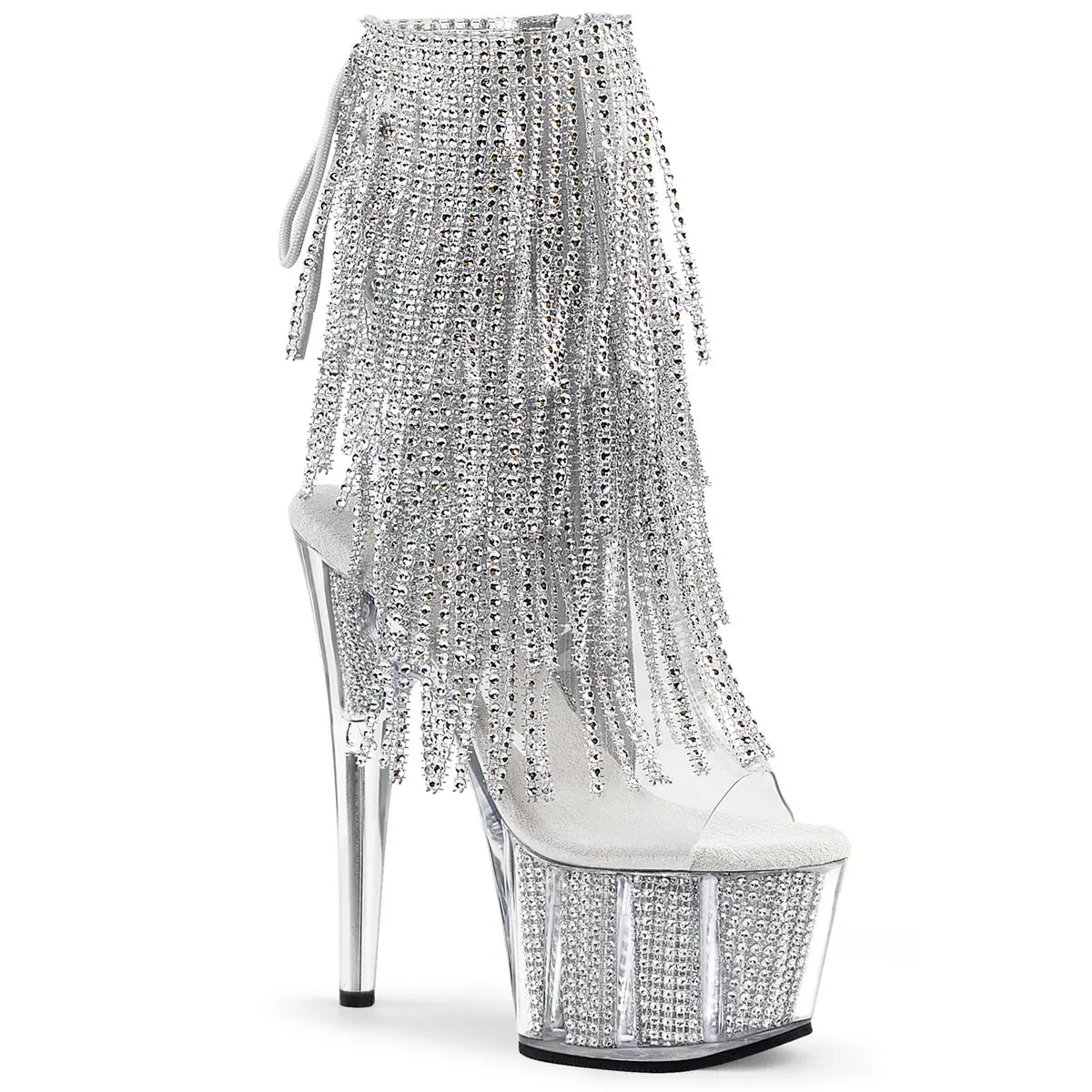 Platform Ankle Boots for Women, 7-Inch Stiletto High Heels with Dazzling Silver Rhinestone Fringe, Open Toe Party Dancer Shoes, Shoe, Footwear