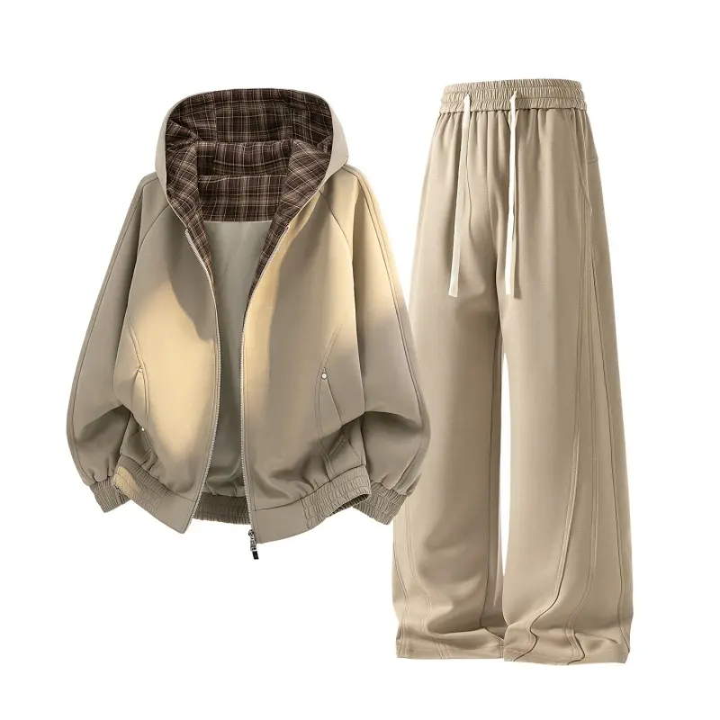 Unisex 2-Piece Casual Sports Sweatsuit, Loose Plaid-Lined Varsity Zip-Up Hooded Sweatshirt and Sweatpants for Spring
