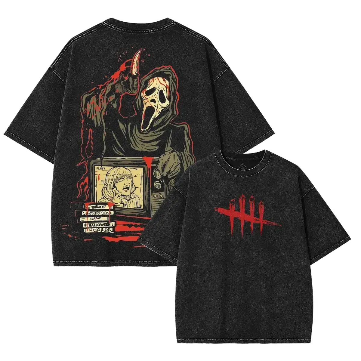 Ghost Face Horror Vintage Washed T-Shirt Slasher Movie Graphic Tee Oversized Heavyweight Cotton Unisex Option