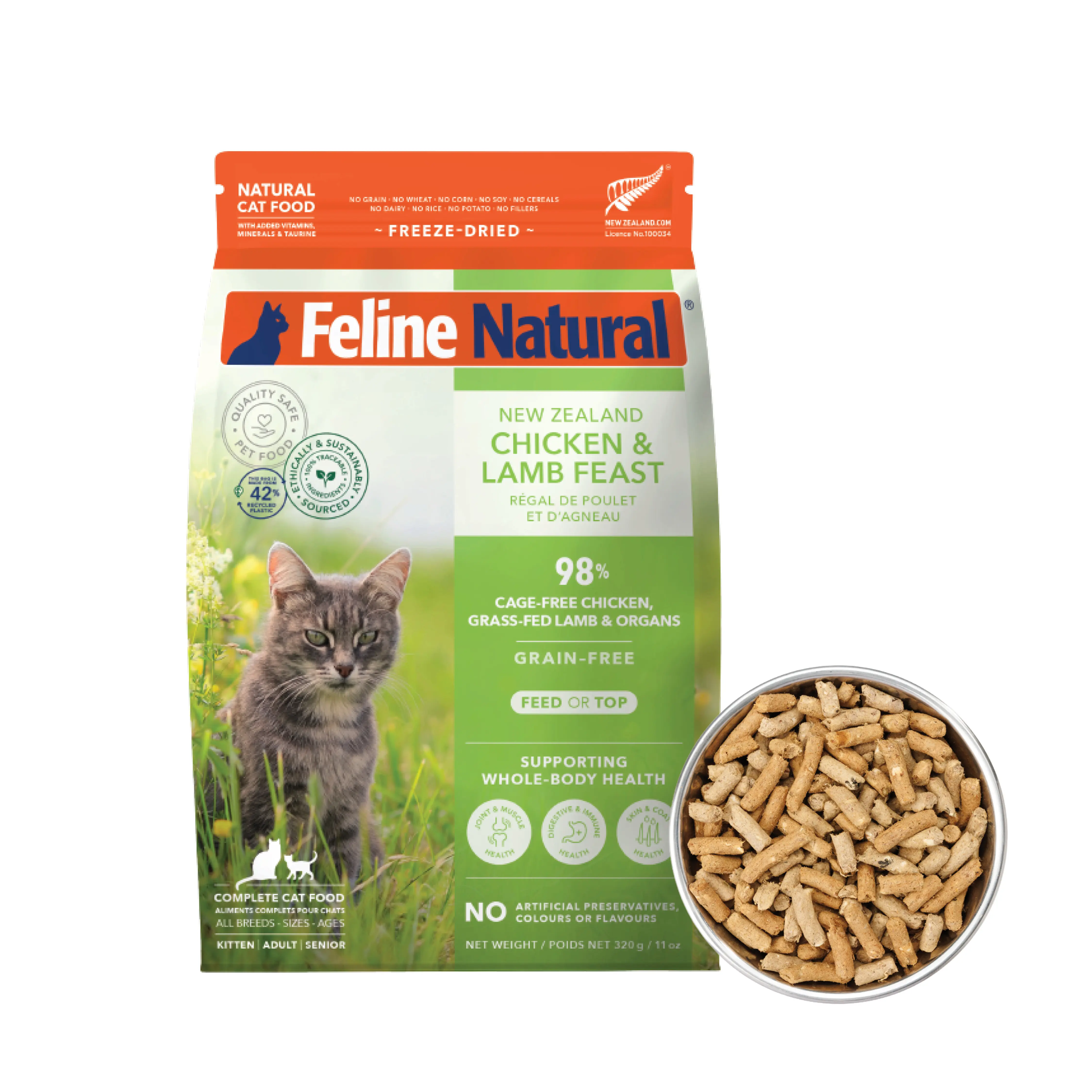 Feline Natural Grain-Free Freeze-Dried Cat Food - New Zealand Feast, High Protein Wholefoods Natural Mix, 11oz, Supports Health