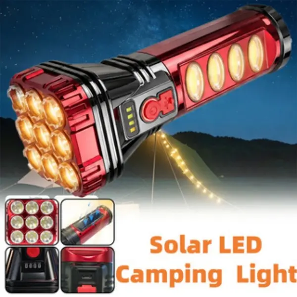 [9LED Solar Camping Flashlight] Solar Camping Light Bright 5Mode Tactical COB Work Lightwith Portable Rechargeable USB LED Flashlight Torch Long Lasting Battery Life Durable Design Versatile Charging Options for Camping Gear Equipment Outdoor Camping