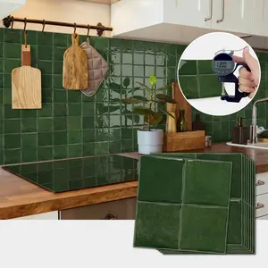 12/24 PCS D-PBS Epoxy Tile Stickers, Retro Dark Green Grid, PET+PU, Waterproof Oil-Proof Wall Decals for Kitchen Bathroom Home Decor, Sticker Decorations, Decorative Wall Sticker