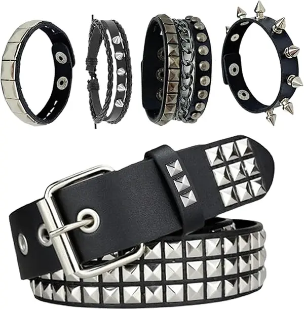 Y2K Black Manmade Grunge Style Leather Studded Belt AEXHOT Black Studded Belt Y2K Belt 3 PCS Cool Belts Gothic  main image 3