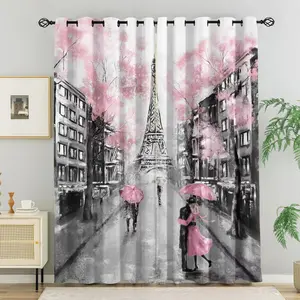 Pair of French-style curtains featuring a romantic Parisian street scene,perfect for bedrooms, boudoirs, or guest rooms,printed with branches of pink cherry blossoms,creating a beautiful, romantic, and cozy atmosphere, Window Curtain
